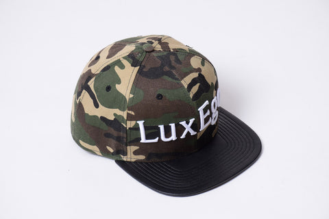 Camo design with leather Visor and white LuxEgo Embroidery